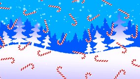 Drawn background with night forest and falling snow. Animation with simple drawings for the New Year and Christmas. Cartoon in blue. Christmas candy canes fly from above along with the text. - Powered by Shutterstock - Get 15% off with code: PIKWIZARD15