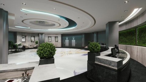 Reception in the lobby of a modern hotel. Hotel lobby interior design. 3d visualization