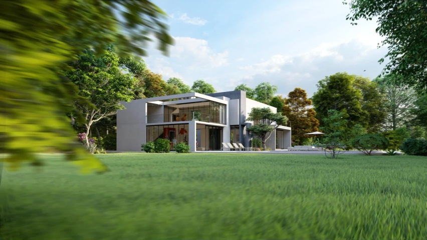 3D animation with a big modern house with a pool and a garden Royalty-Free Stock Footage #1062801424