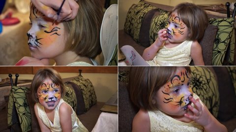 Split screen. The little girl painted her face in gouache. Face art picture of a happy portrait of a little girl 4-5 years old. Drawing of a tiger .