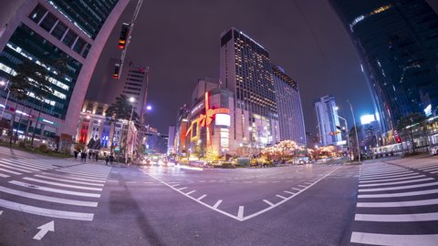 Seoul, South Korea - 21 Nov 2020: Myeongdong Christmas Night Intersection in the Heart of Seoul, South Korea.