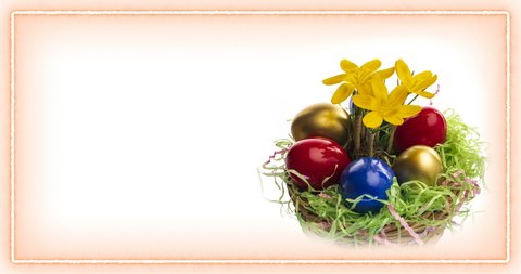Happy Easter. Easter eggs, flowers and decorations. Easter composition on white background with frame and place for text or image. 4К Blooming of beautiful bouquet of yellow crocuses. Holiday design b