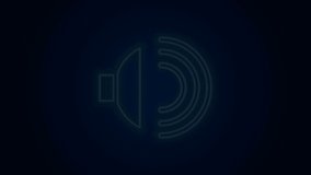 Glowing neon line Speaker volume, audio voice sound symbol, media music icon isolated on black background. 4K Video motion graphic animation.