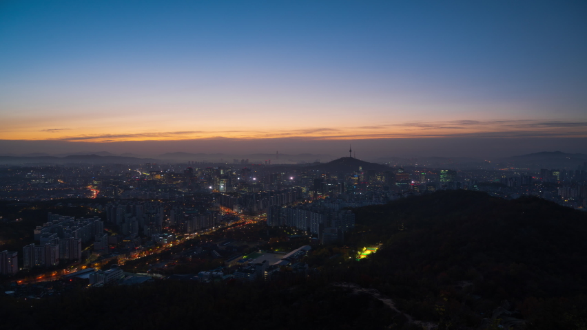 Sunrise the seoul city and Downtown skyline in Seoul, South Korea. Mt Ansan