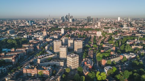 Aerial View Shot of London UK, London Skyline, Square Mile, The City, United Kingdom, soft light
