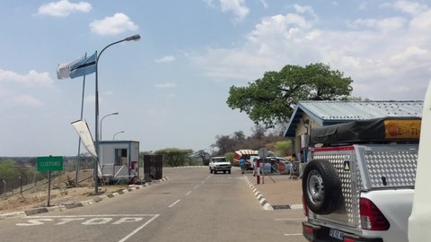 Kasane , Chobe / Botswana - 11 03 2016: Pangolin safari truck at the Botswana-Namibia border crossing, pan R