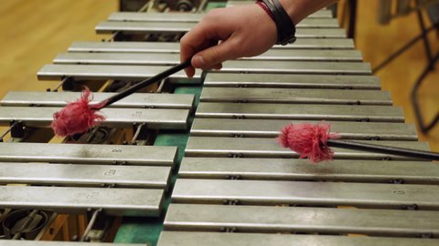 A young guy playing the vibraphone at a music school.