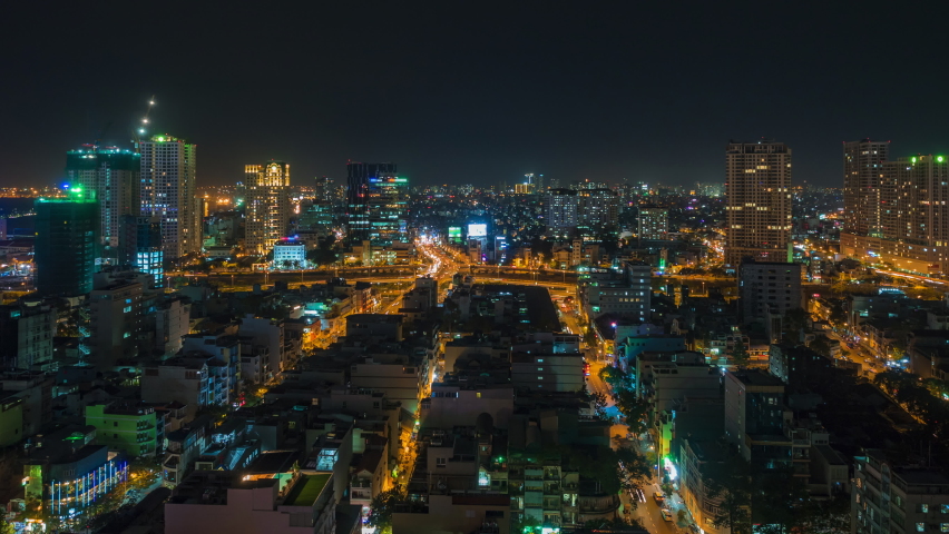 Ho Chi Minh City aka Saigon, southern Vietnam, time lapse view of cityscape at night. Ho Chi Minh City is the most populous and largest city in the country. 