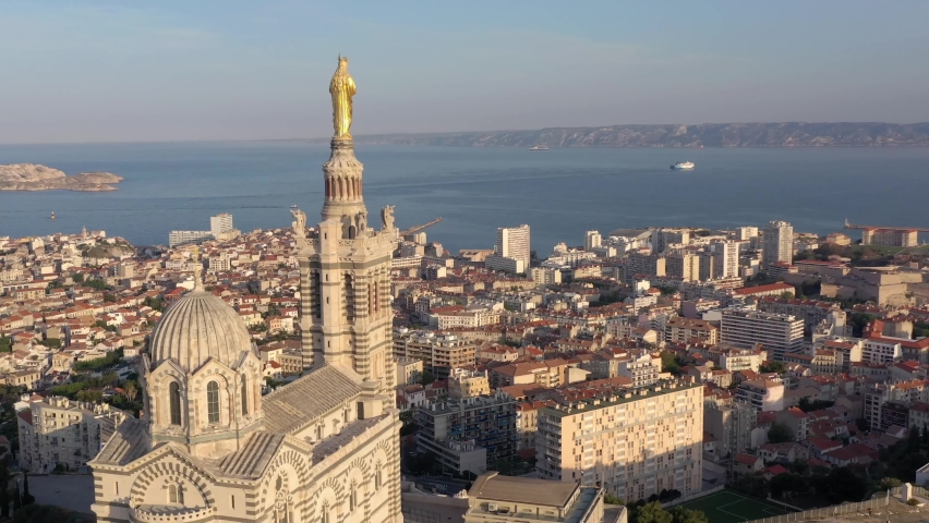 Marseille France Aerial view of the basilica Notre Dame de la Garde and the Vieux Port