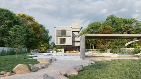 3D animation with a cubic modern house with garden and a lounge area by the pool
