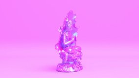 Iridescent pink relaxing meditating gautama buddha or avalokitesvara bodhisattva statue in lotus yoga position seamless looping animated background, buddhism or hinduism religion 3d render animation