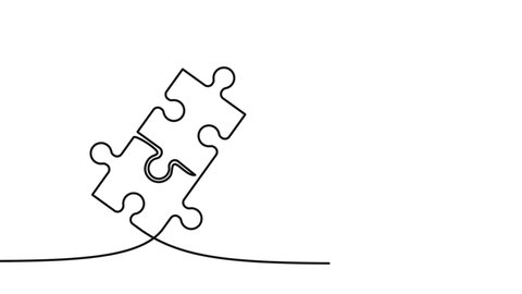 Two connected puzzle pieces of one continuous line drawn. Jigsaw puzzle element. 4K video animation with alpha channel.