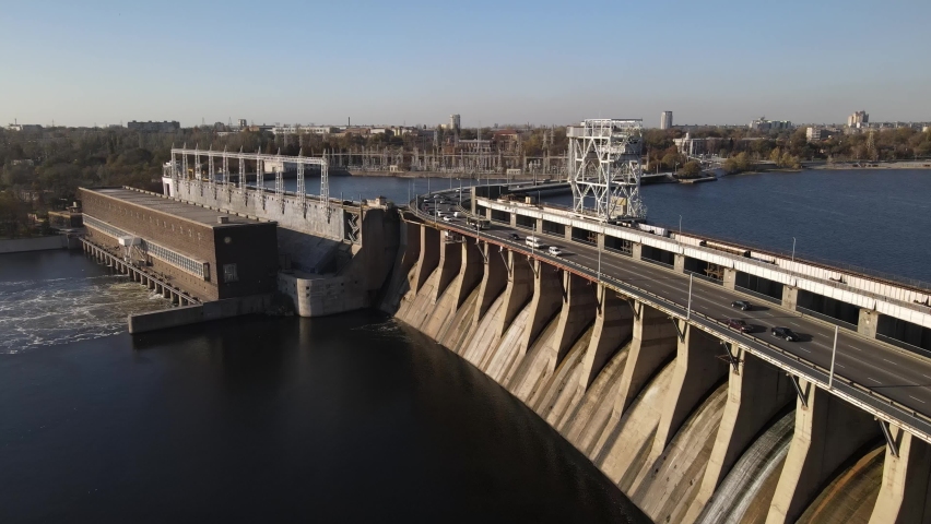 Zaporozhye | Ukraine. Aerial View of Dnipro Hydroelectric Power Plant. Dam from drone
