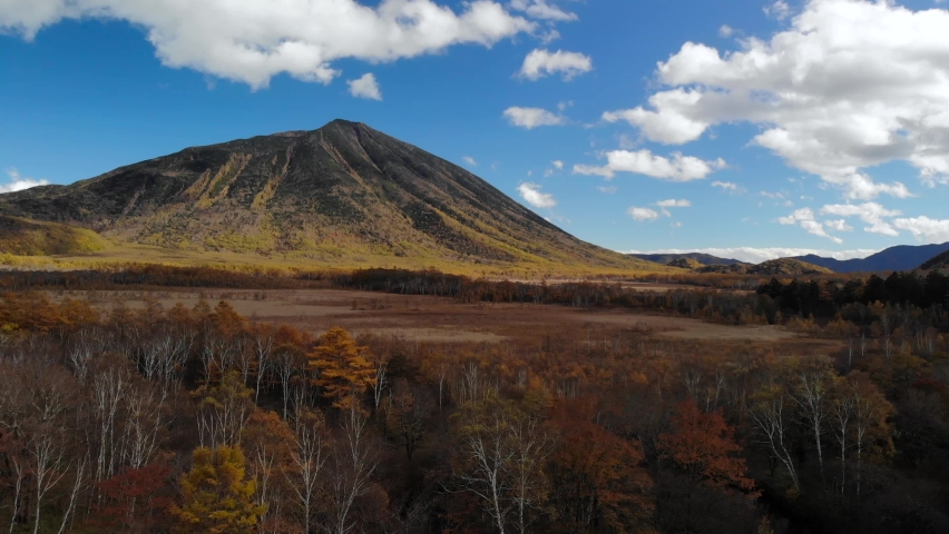 Slow aerial forward over wide open autumn marshland with beautiful blue sky