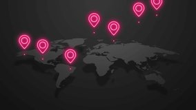 Dark world map with neon pins. The concept of social and communication interconnection. Marking interesting places in the world. - Powered by Shutterstock - Get 15% off with code: PIKWIZARD15