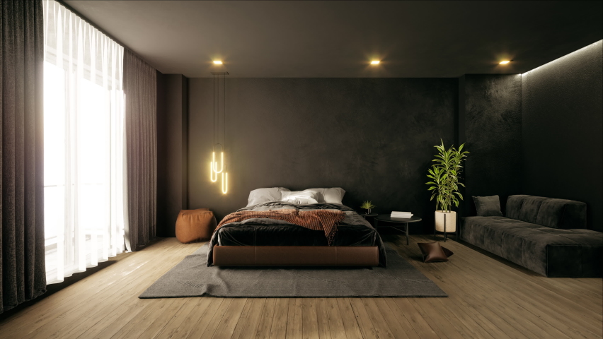 Modern bedroom interior with 4k 3d rendering, luxury, dark and elegance interior bedroom design. | Shutterstock HD Video #1062860803