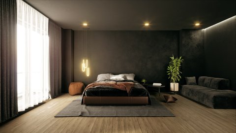 Modern bedroom interior with 4k 3d rendering, luxury, dark and elegance interior bedroom design.