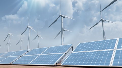 Solar panels and Wind turbines on the background of the desert, blue sky. Concept of clean energy, green energy, renewable energy, alternative energy. Photovoltaic panel. Loop seamless 4K 3D animation