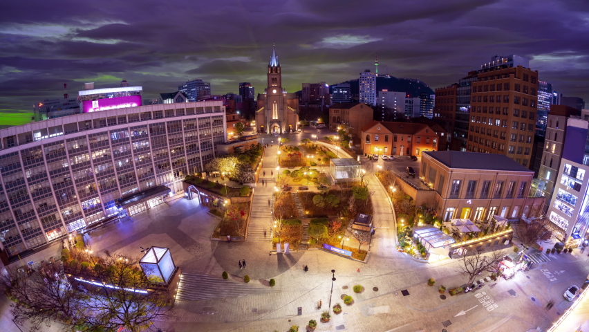  Rain clouds in the night In front of Myeongdong Cathedral at night in the heart of Seoul, South Korea