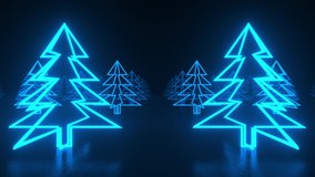 Christmas trees, blue neon glow icon on darkness black background. Sideways movement to the right, parallax effect. Abstract winter holiday concept. VJ Christmas concept. 3d Loop animation of 4K