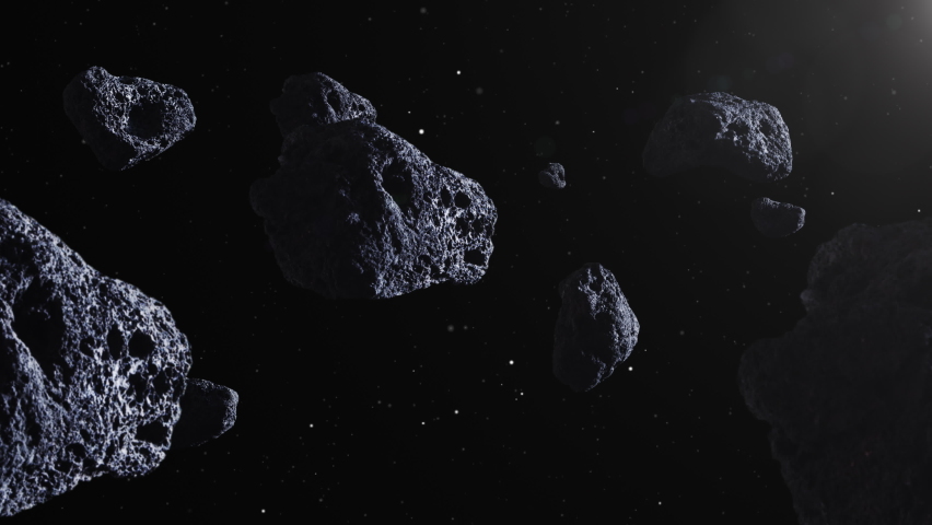 Amazing asteroids field, beautiful cinematic flight through dark deep space asteroid field with stars, metorite in 4k, sci-fi | Shutterstock HD Video #1062865273