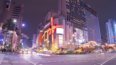 Seoul, South Korea - 21 Nov 2020: Myeongdong Christmas Night Intersection in the Heart of Seoul, South Korea.