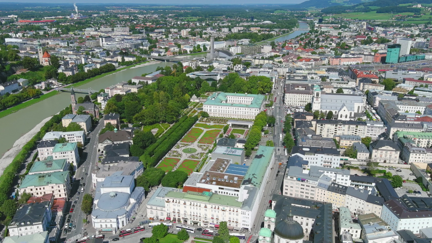 Salzburg, Austria: Aerial view of Mirabell Palace (Schloss Mirabell) gardens (Mirabellgarten) historic city center - landscape panorama of Europe from above