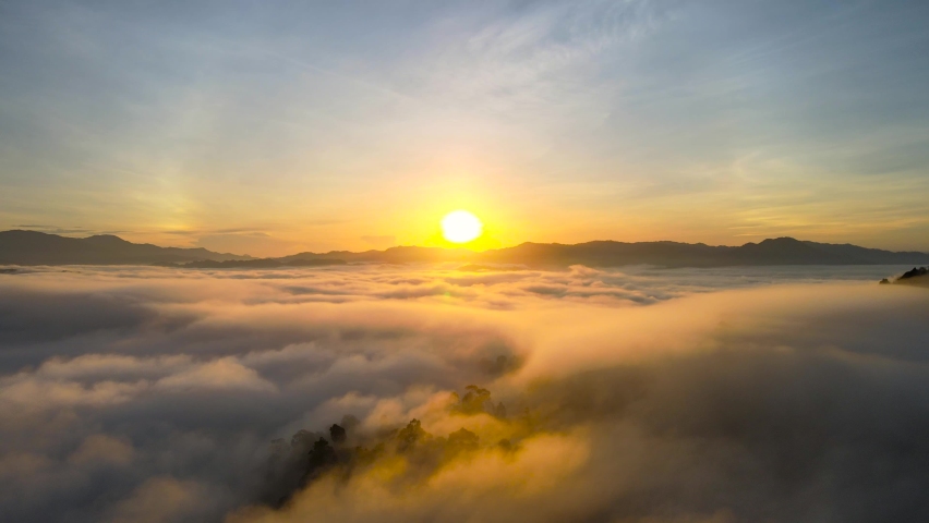 Amazing scene Mist landscape over mountain. Nature video Aerial view drone of The Mist landscape view point in south Thailand. Andaman Sea of ​​fog Viewpoint. At Khao Khai Nui, Phang Nga, Thailand.