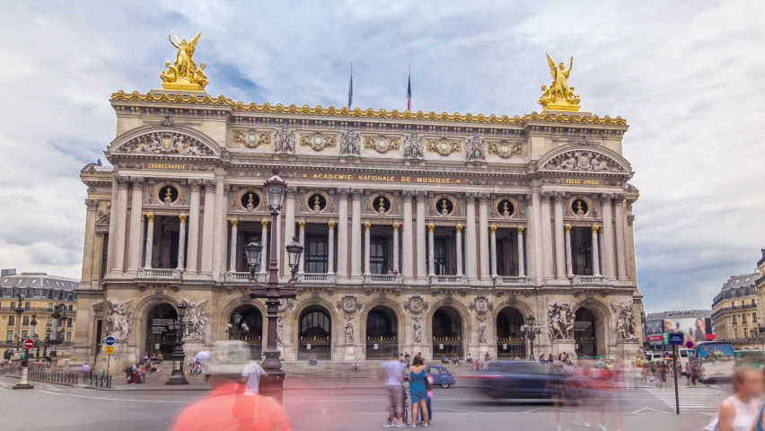 Palais or Opera Garnier The National Academy of Music timelapse hyperlapse in Paris, France. People walking around and traffic on the street. | Shutterstock HD Video #1062869227