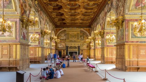 FONTAINEBLEAU, FRANCE - CIRCA JUNE 2019: Interiors and architectural details of the Chateau de Fontainebleau timelapse hyperlapse, home of french kings and emperor Napoleon in Fontainebleau, France