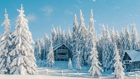 Falling snowflakes in frozen mountains landscape with fir trees and houses. Christmas background with tall spruce trees covered with snow in forest. Snowing winter footage, 4K video, slow motion