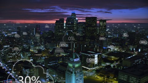 Aerial smart city. Network connections and cloud computing icons with percentages. Technology concept, data communication, artificial intelligence, internet of things. Los Angeles skyline.