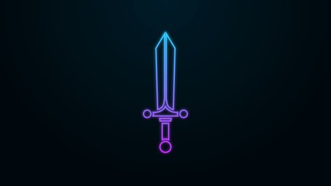 Glowing neon line Medieval sword icon isolated on black background. 4K Video motion graphic animation