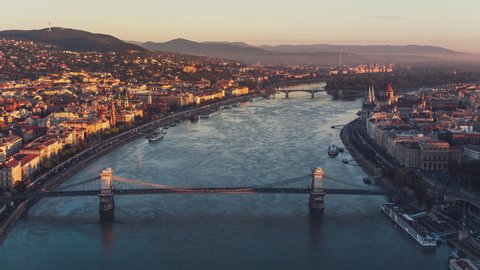 Establishing Aerial View Shot of Budapest H, Hungarian Parliament, Chain Bridge, Danube River, amazing light, Hungary