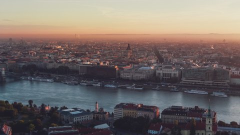 Establishing Aerial View Shot of Budapest H, St. Stephen's Basilica, River Danube, Riverside, Hungary, morning bliss
