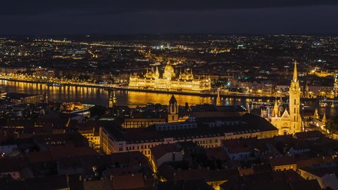 Establishing Aerial View Shot of Budapest H, Hungarian Parliament Fisherman Bastion, Hungary, city in gold