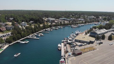 Aerial view of a beautiful marina in the town of Tobermory in Ontario
