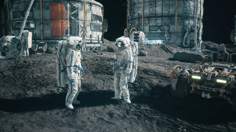 View of the lunar base of the future and the astronauts working in the lunar colony. Animation for sci-fi, futuristic or space backgrounds.