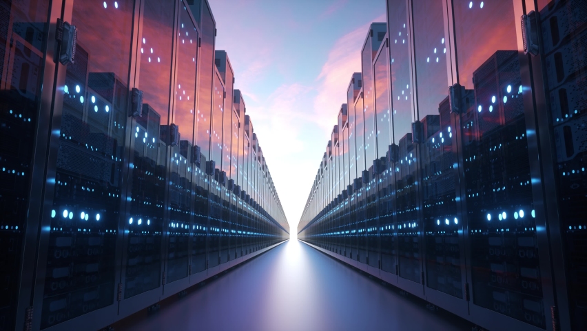 Cloud computing and computer networking concept: rows of network servers against blue sky with clouds Royalty-Free Stock Footage #1062882772