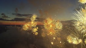 Aerial View Fireworks City Sky. New Year Eve Fly Drone Scene. City Celebrate Night Lights. Flight Above Sparks Firework Explode Festive. Bright Explosion Fireworks on Evening Urban Skyline Background - Powered by Shutterstock - Get 15% off with code: PIKWIZARD15