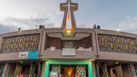 MEXICO CITY, NOV 2020. Hyperlapse of the church called Basilica of Guadalupe. This sanctuary is dedicated to the Guadalupe Holy Virgin, she is the most adored virgin of all mexicans catholics.