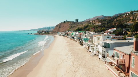 Aerial of Malibu La Costa Beach. Real Estate in California. Most Expensive, Prestigious  and Luxurious Beach Ocean Front Properties. Cinematic Aerial of Malibu Communities. 