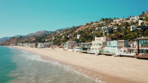 Aerial of Malibu La Costa Beach. Real Estate in California. Most Expensive, Prestigious  and Luxurious Beach Ocean Front Properties. Cinematic Aerial of Malibu Communities. 