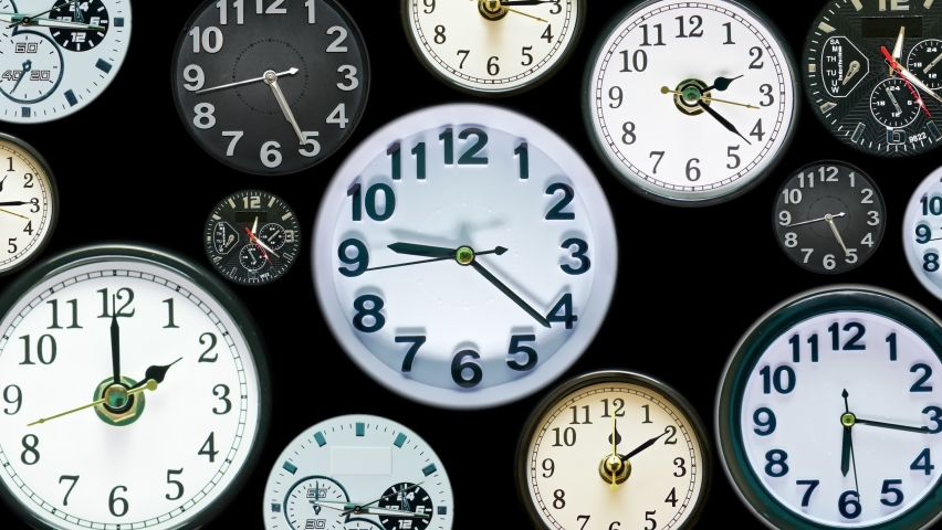 Many time lapse clock faces appear at zoom out all showing different time. Various clocks in timelapse, busy time flow concept. 4k. Royalty-Free Stock Footage #1062892150