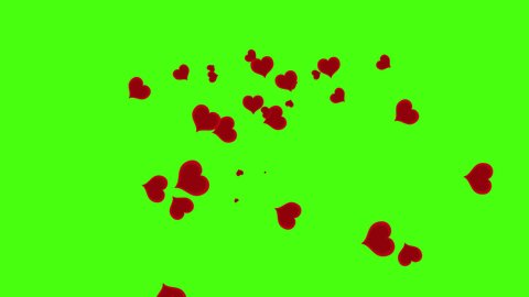 Flying red hearts rise from bottom to top on green background. Animation wave of floating hearts with alpha channel. Video for posts on social networks. Valentine's, mother's, Women's days concept.4K