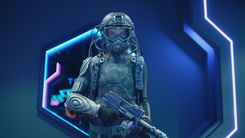 Cyberpunk. Female soldier of future in futuristic combat armor suit in spaceship. Fantastic warrior with assault gun standing against wall illuminated by blue neon light. Steampunk, science fiction