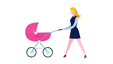 Cartoon businesswoman with baby buggy. Beautiful woman mother. Business people animated version. Business cartoon animations serie. Luma Matte, seamless loop.