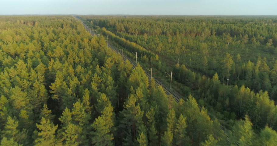 Aerial view of fast passenger train driving on railroad in forest at sunset Royalty-Free Stock Footage #1062895927