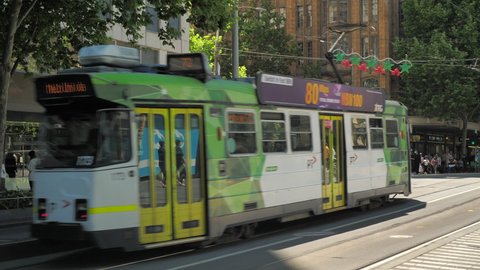 Melbourne, Victoria Australia - November 13 2020: Trams on Swanston St Melbourne Post COVID-19