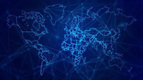 Dark blue background with world map contour lines. Line shape digital world map for global network business event theme.